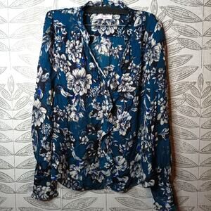 Parker Tilly Ruffle Blouse Blue Floral Button Front Flowy